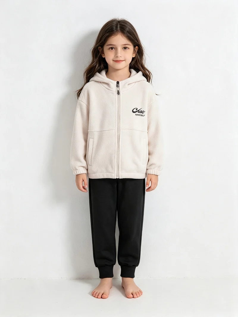 Completo tuta da bambina 2 pezzi con felpa in pile con cappuccio e zip - beige
