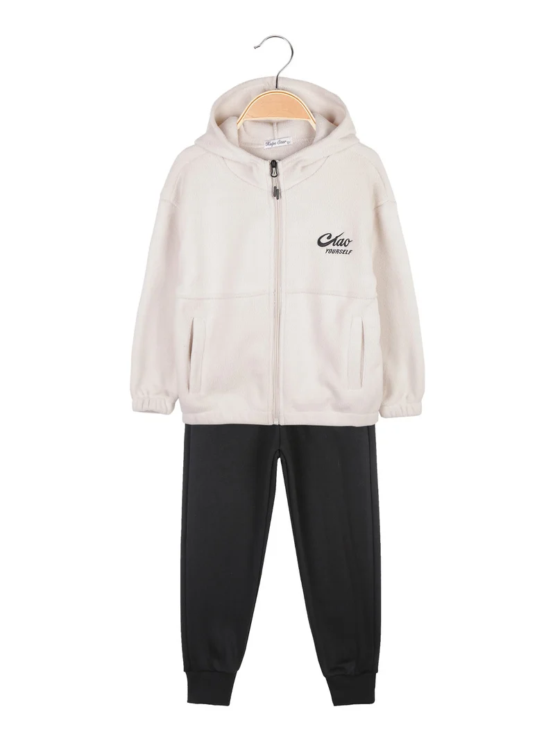 Completo tuta da bambina 2 pezzi con felpa in pile con cappuccio e zip - beige