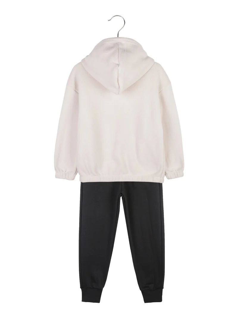 Completo tuta da bambina 2 pezzi con felpa in pile con cappuccio e zip - beige
