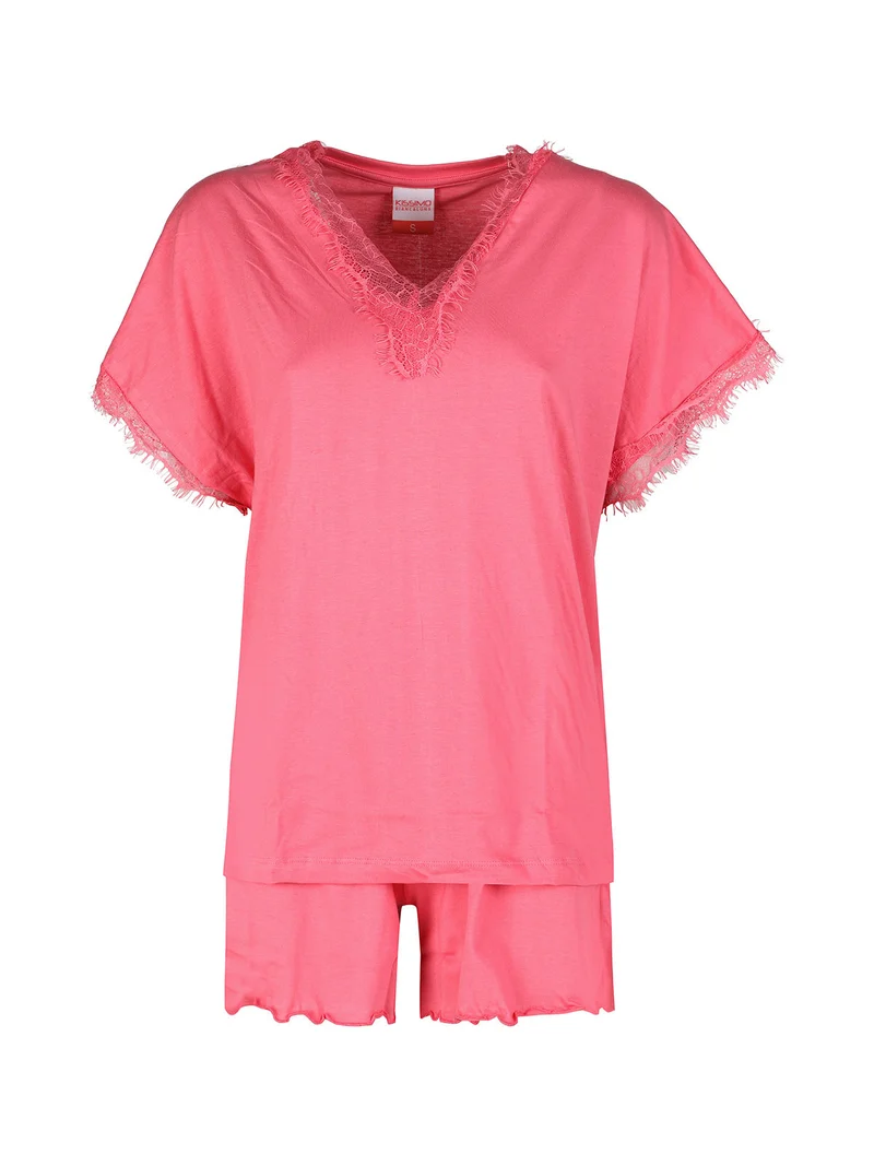 Pigiama corto da donna in cotone con scollo in pizzo - rosa