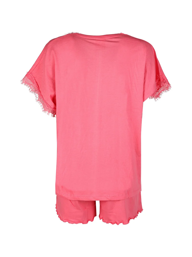 Pigiama corto da donna in cotone con scollo in pizzo - rosa