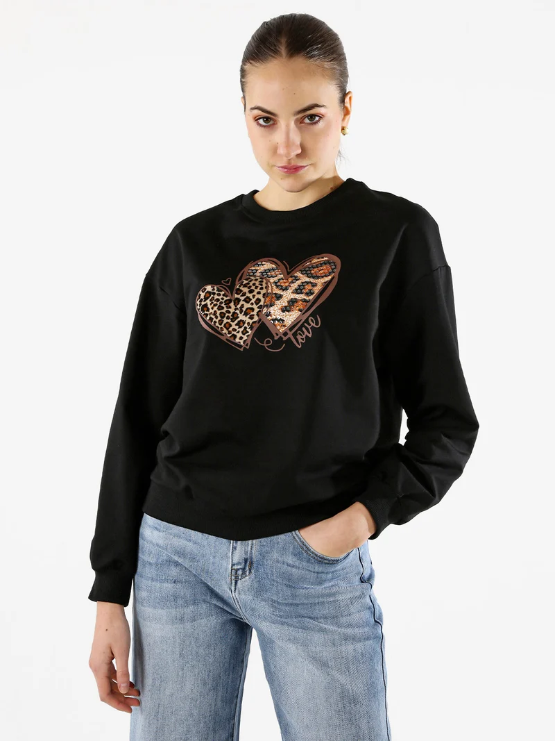 Felpa donna girocollo con stampa cuori animalier - nero