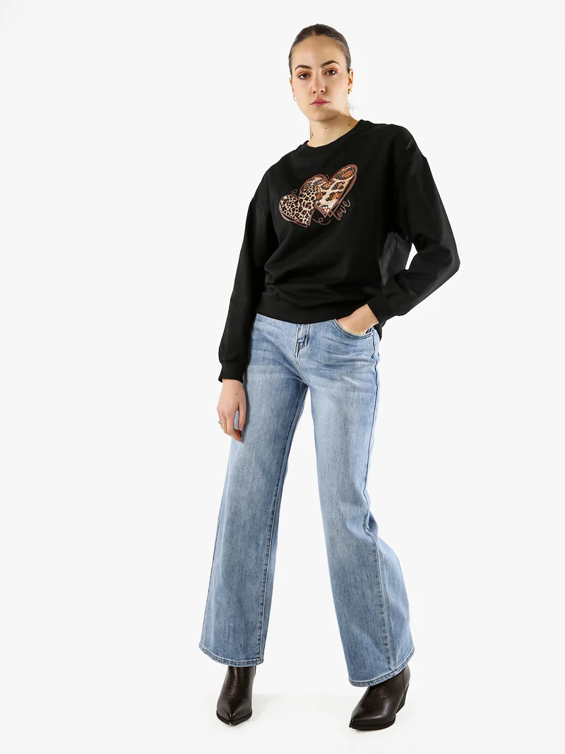 Felpa donna girocollo con stampa cuori animalier - nero