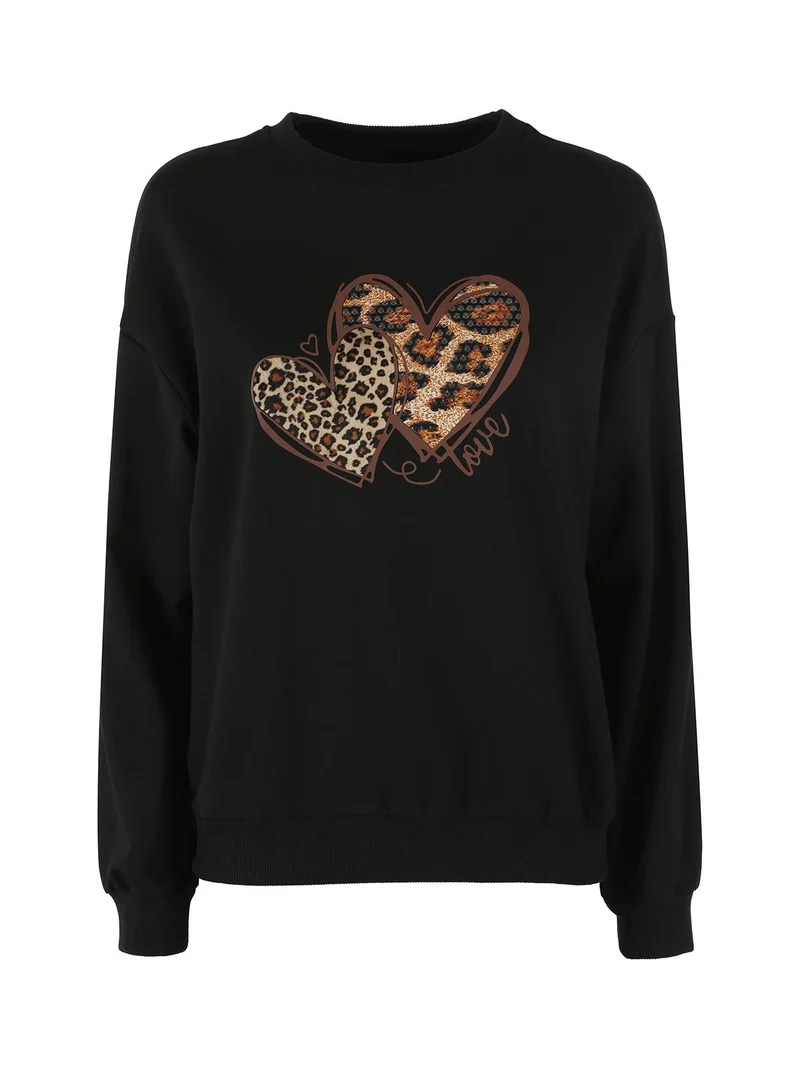 Felpa donna girocollo con stampa cuori animalier - nero