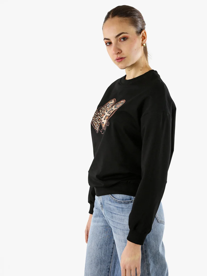 Felpa donna girocollo con stampa cuori animalier - nero