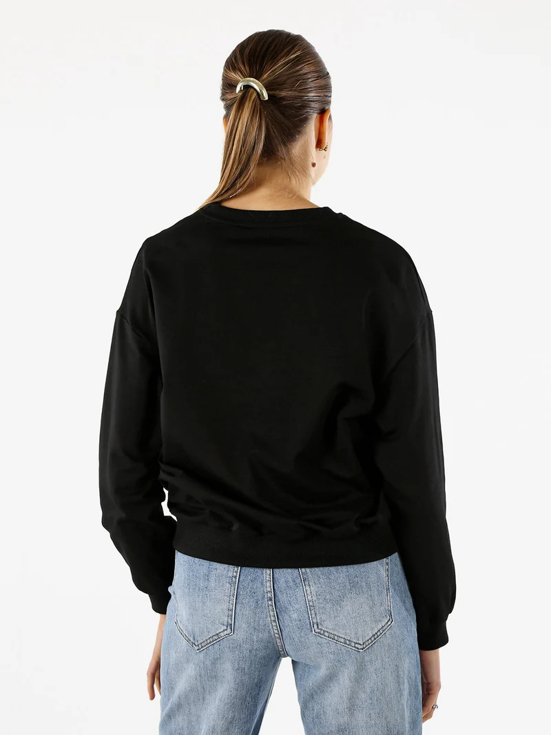 Felpa donna girocollo con stampa cuori animalier - nero