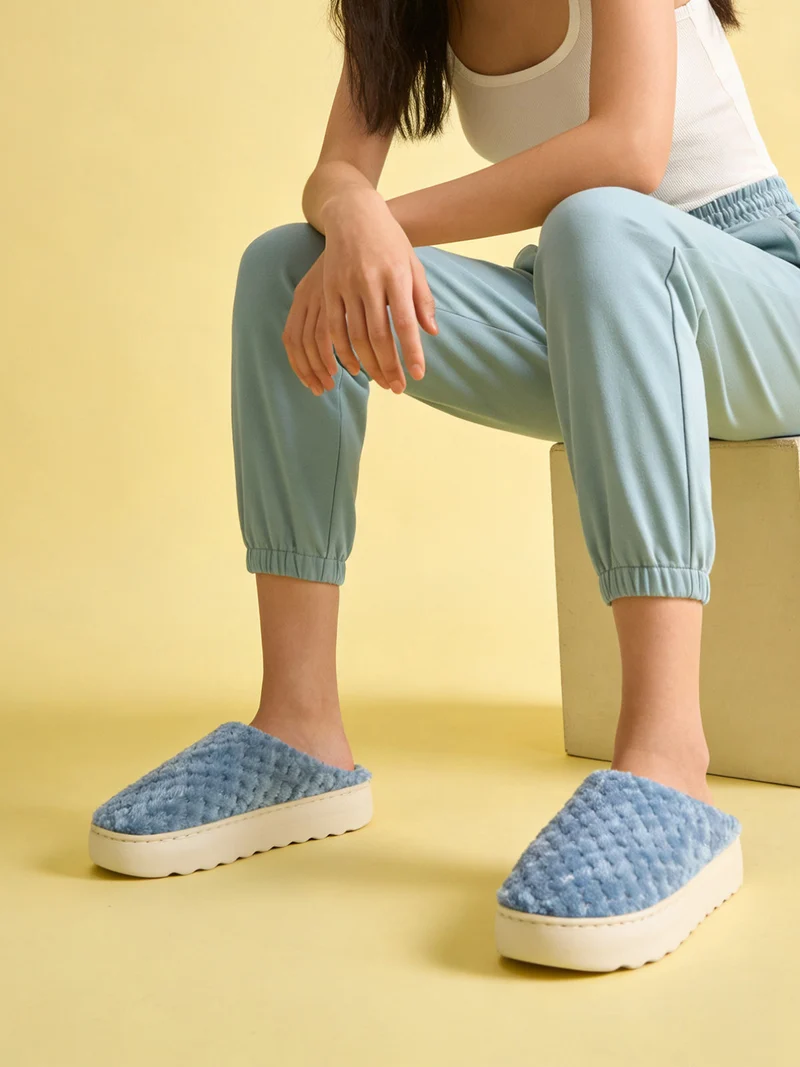 Pantofole donna peluche con platform - azzurro