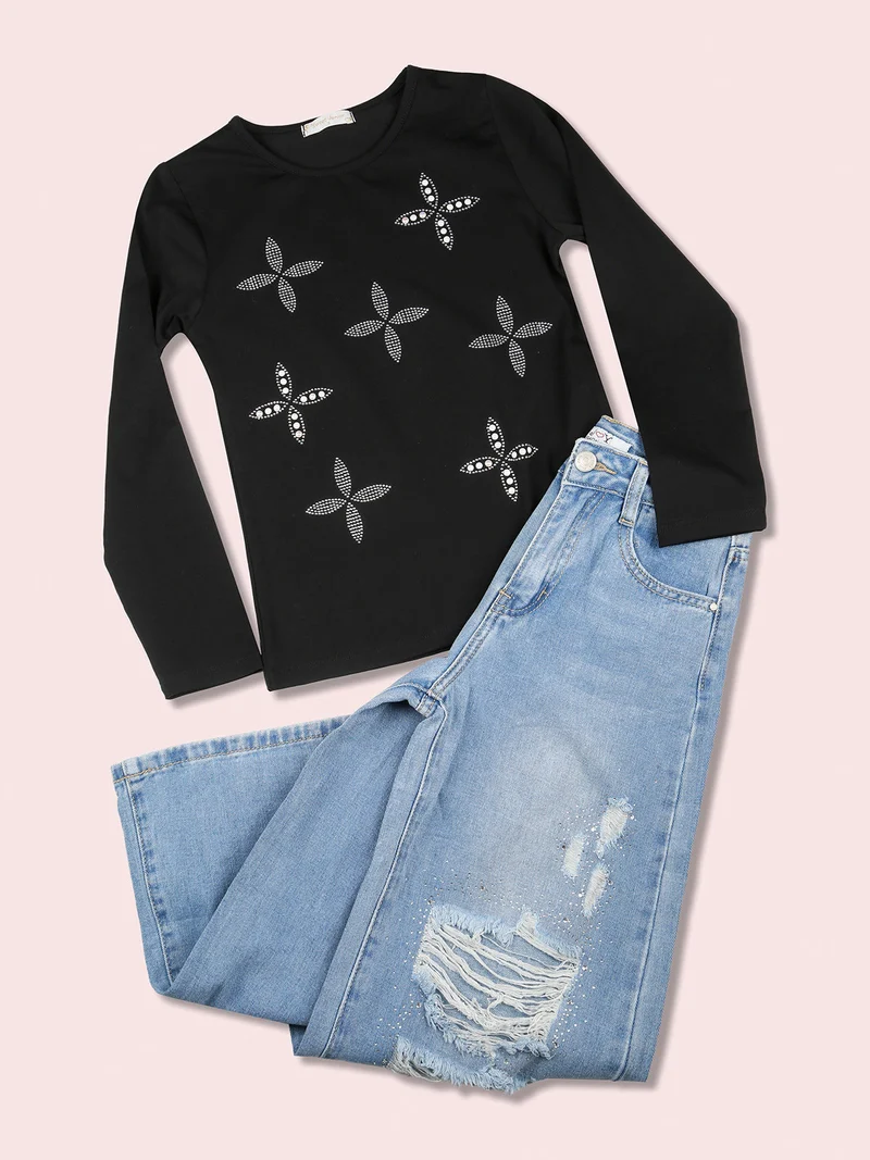 Jeans baggy da bambina con strappi e strass - jeans