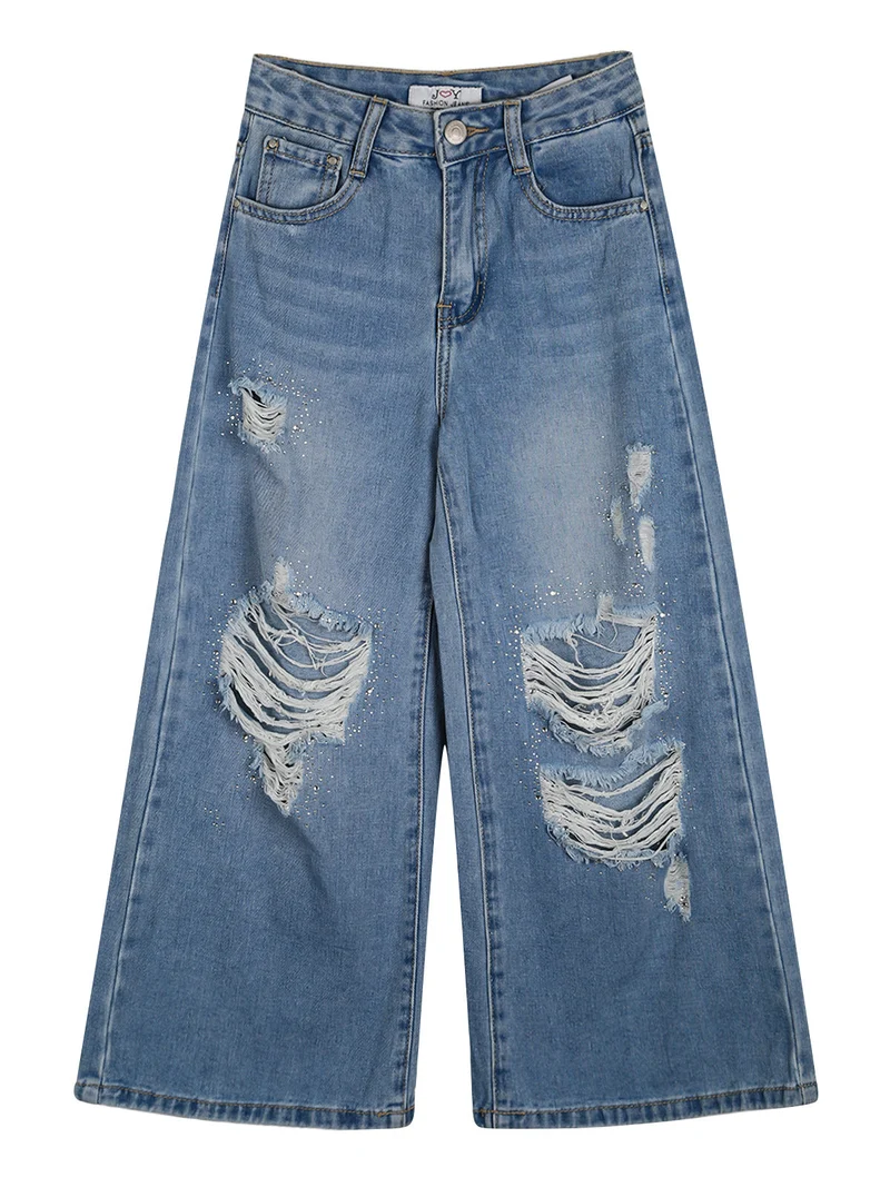 Jeans baggy da bambina con strappi e strass - jeans