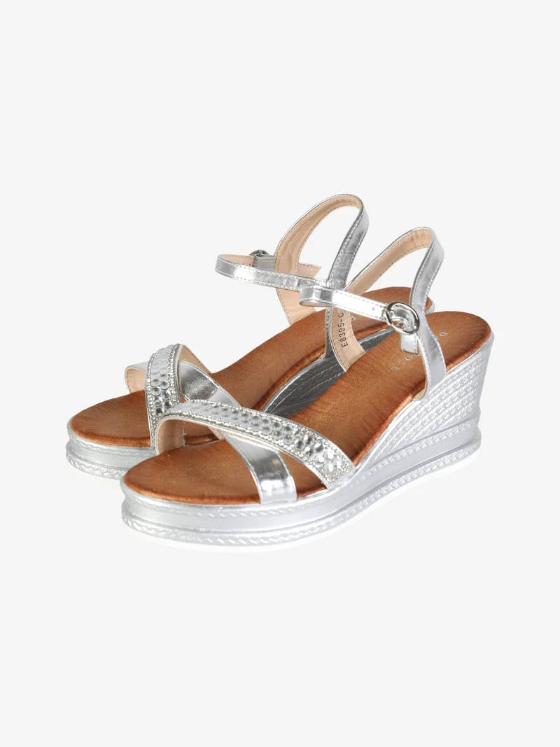 Sandali donna con zeppa e strass - argento