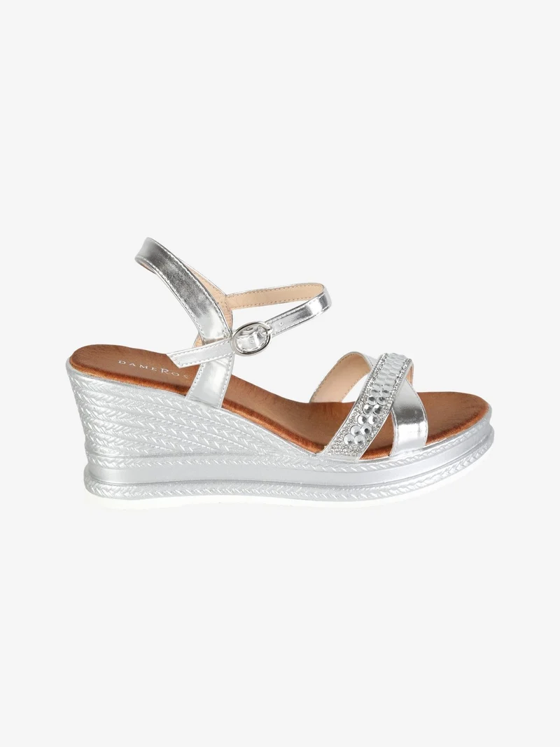 Sandali donna con zeppa e strass - argento