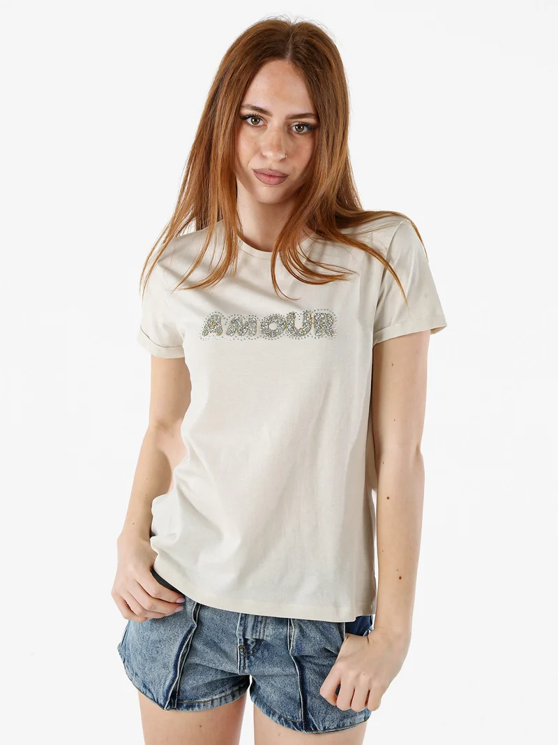 T-shirt donna in cotone con scritta di strass e pietre - sabbia