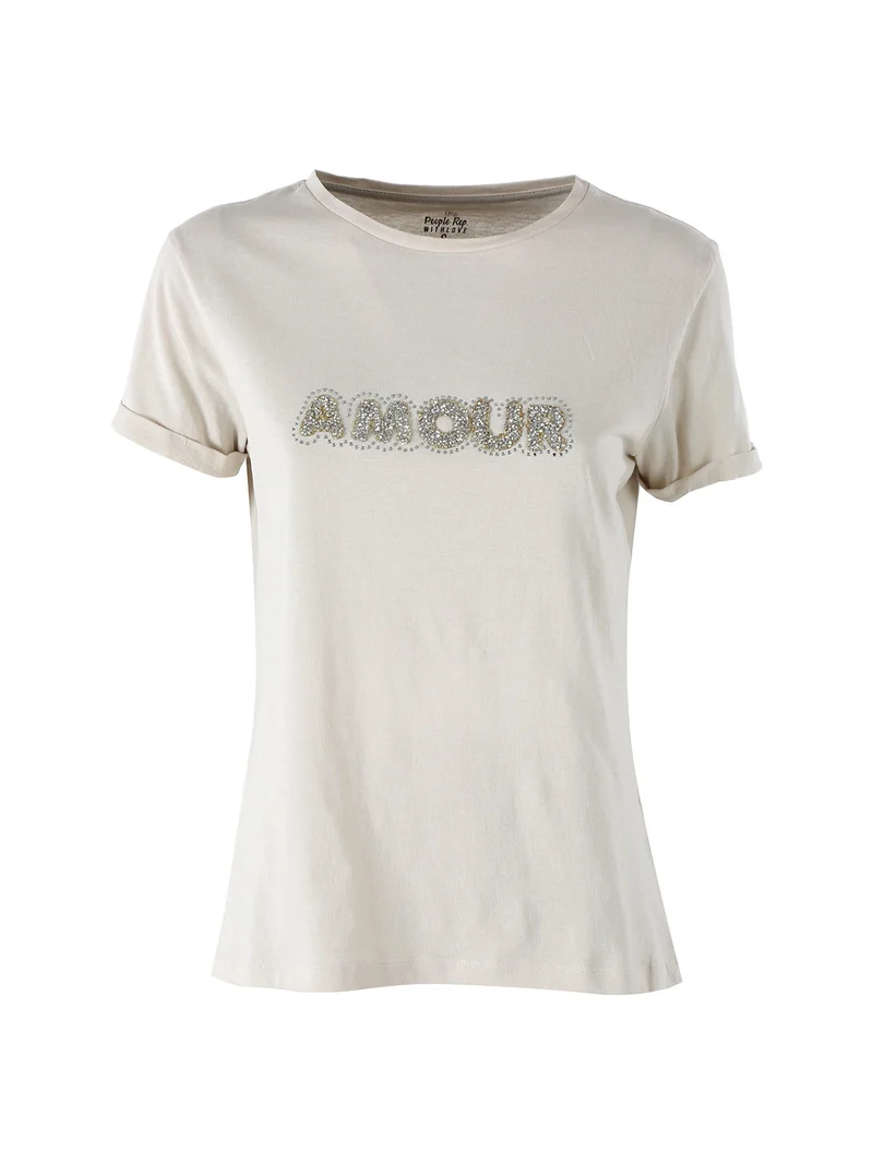 T-shirt donna in cotone con scritta di strass e pietre - sabbia
