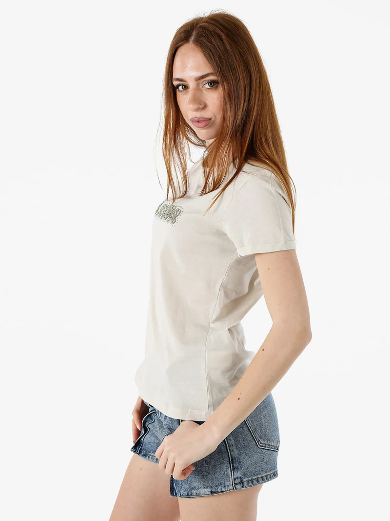 T-shirt donna in cotone con scritta di strass e pietre - sabbia