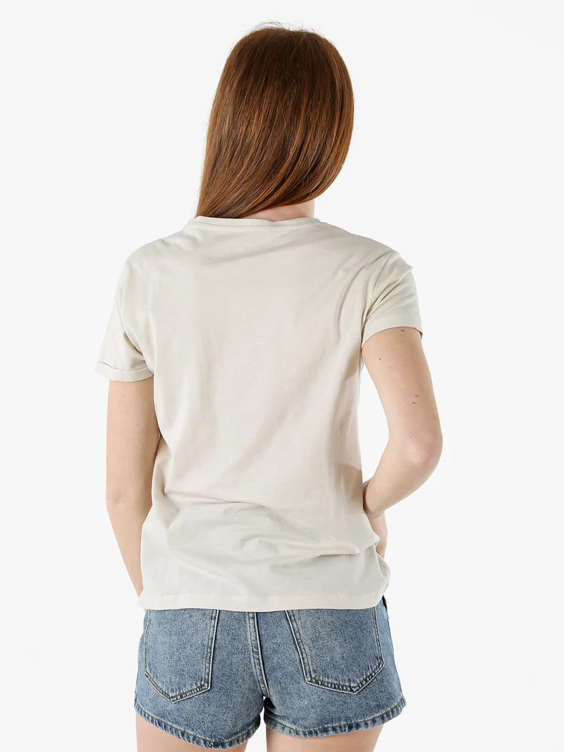T-shirt donna in cotone con scritta di strass e pietre - sabbia