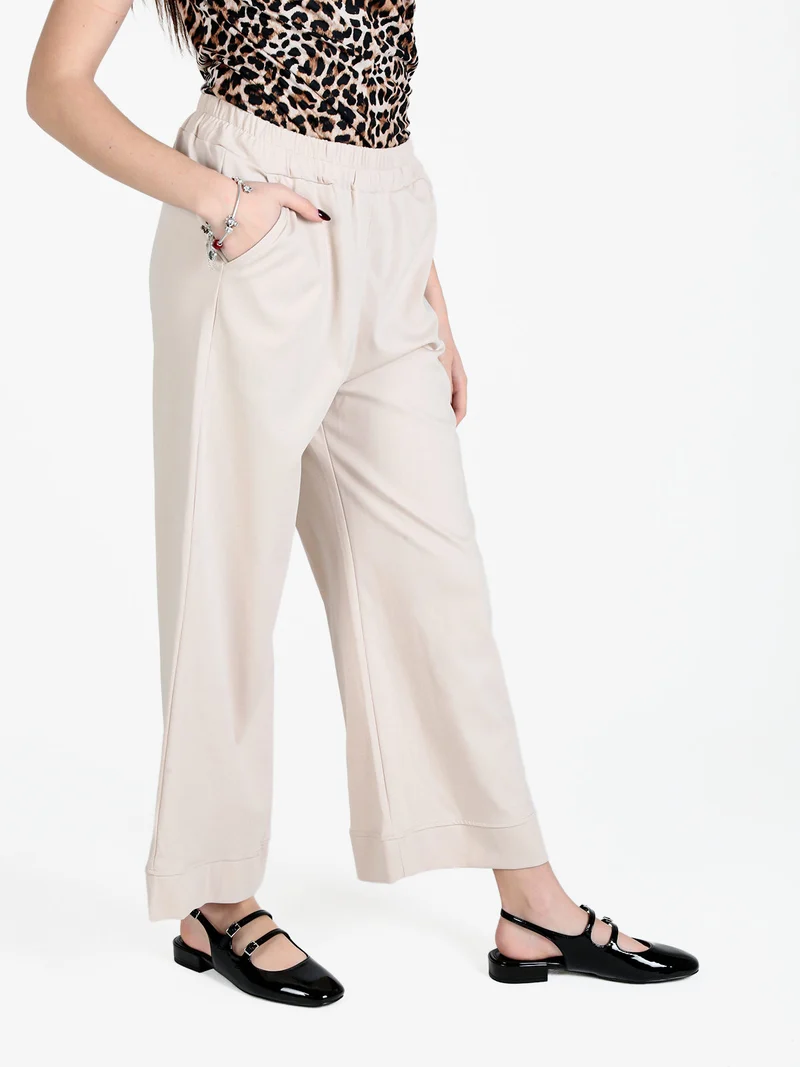 Pantaloni donna a vita alta e gamba larga - beige