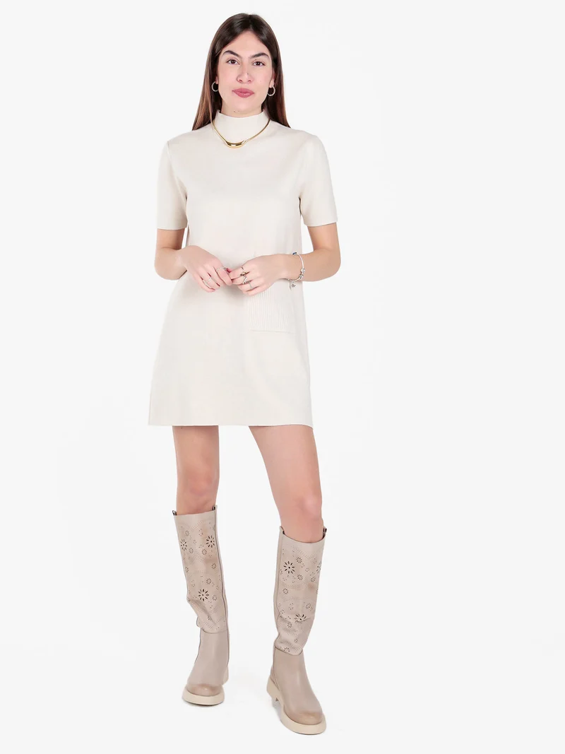 Vestito donna in maglia a maniche corte - beige