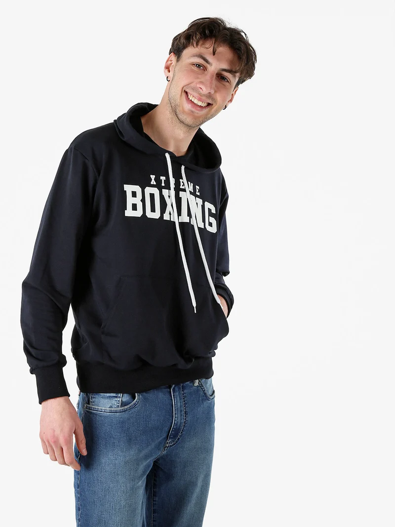 Felpa da uomo in cotone con cappuccio e logo - blu scuro
