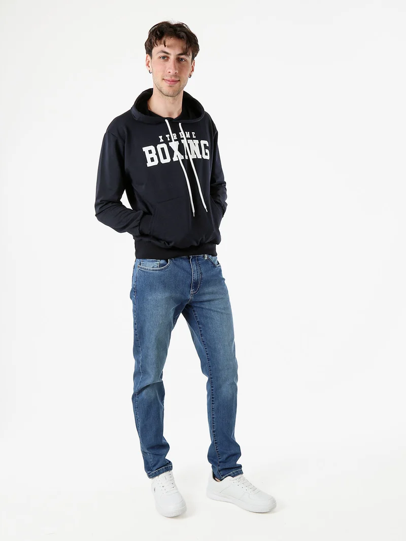 Felpa da uomo in cotone con cappuccio e logo - blu scuro
