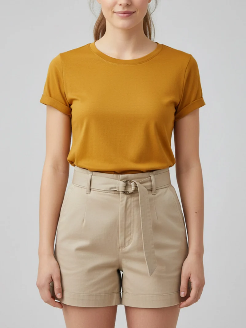 T-shirt girocollo da donna in cotone - senape