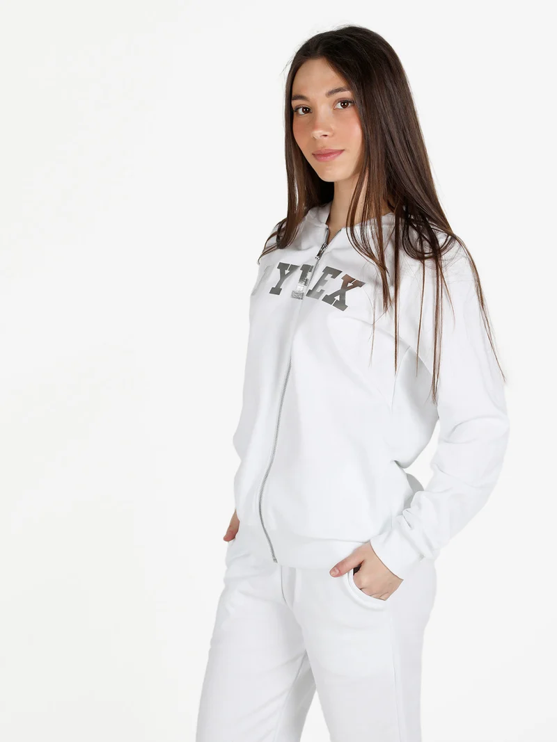 Felpa in cotone da donna con cappuccio e zip - bianco