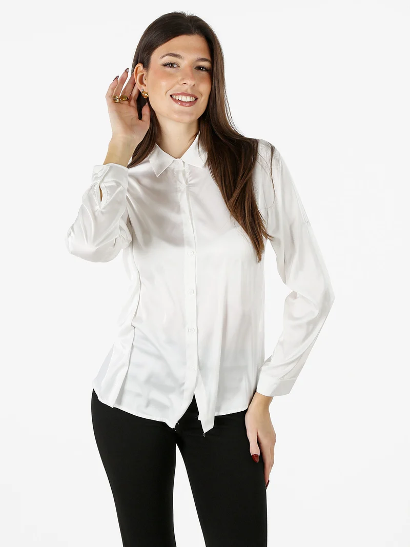 Camicia donna effetto raso a maniche lunghe - bianco