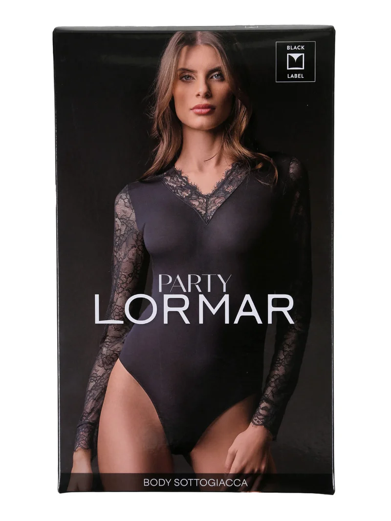 PARTY body donna a maniche lunghe con scollo a V in pizzo - nero
