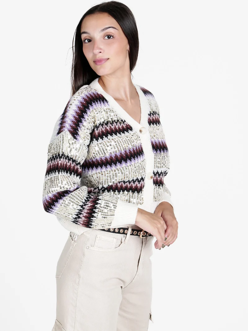 Cardigan donna crop con paillettes - beige