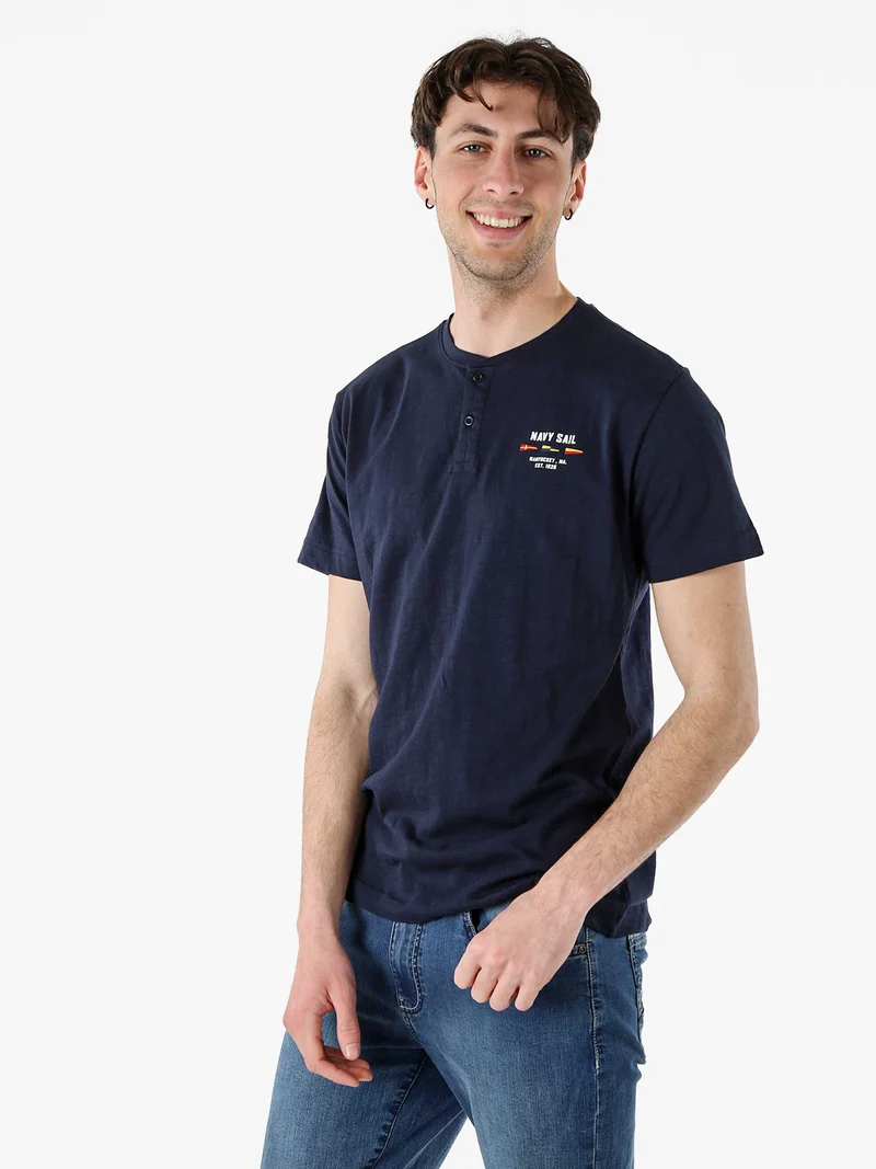 T-shirt da uomo in cotone con bottoni - blu scuro