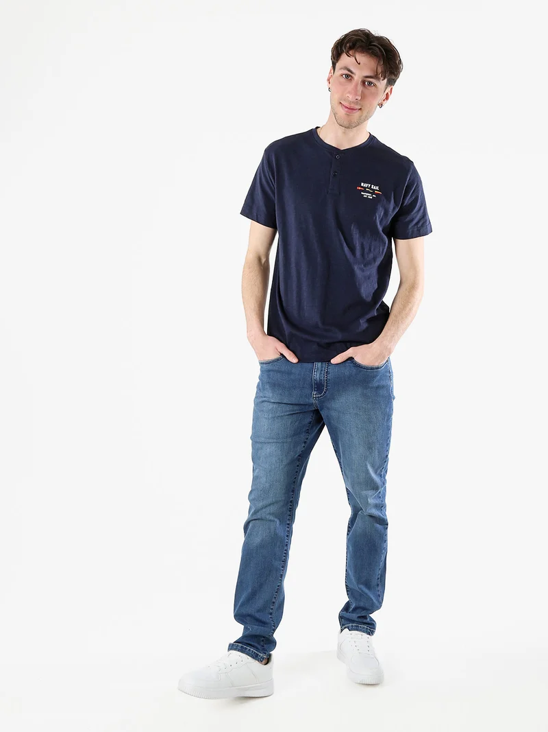 T-shirt da uomo in cotone con bottoni - blu scuro
