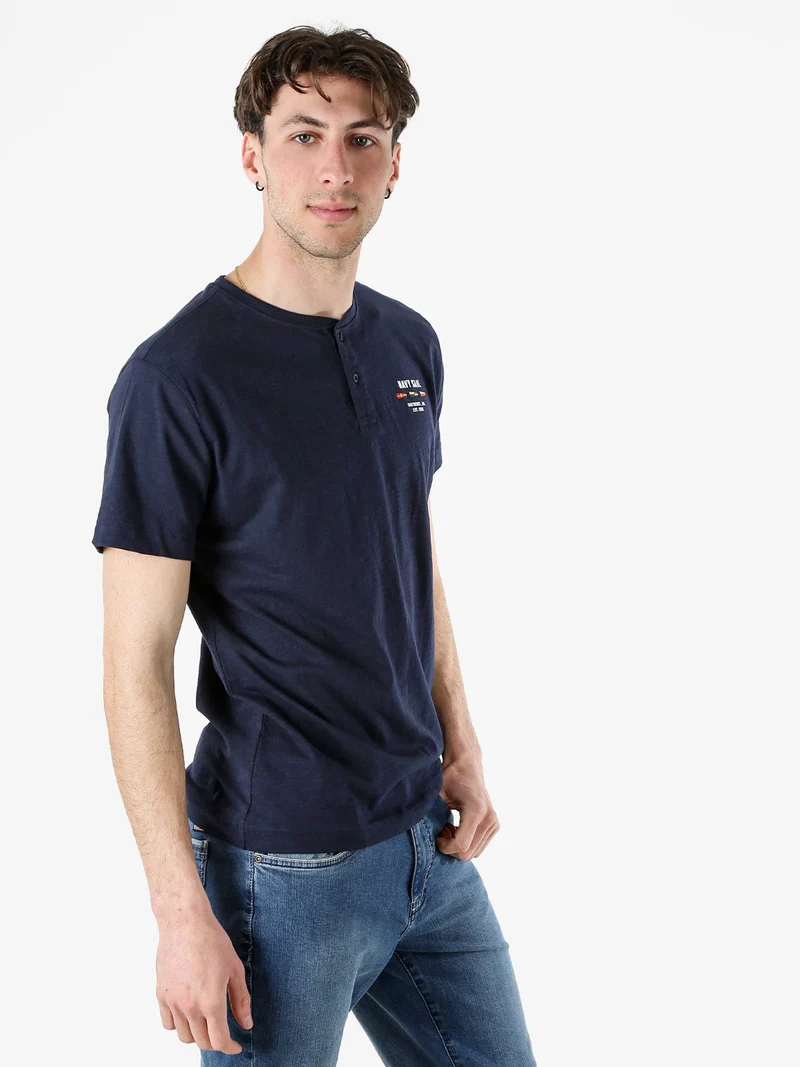 T-shirt da uomo in cotone con bottoni - blu scuro