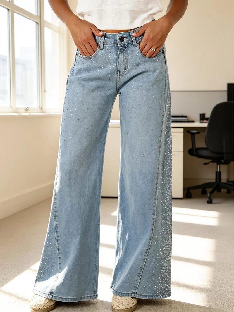 Jeans donna wide leg con strass - jeans