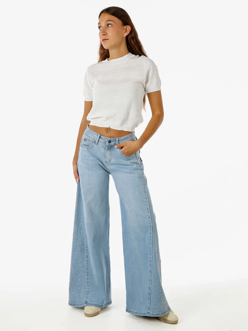 Jeans donna wide leg con strass - jeans