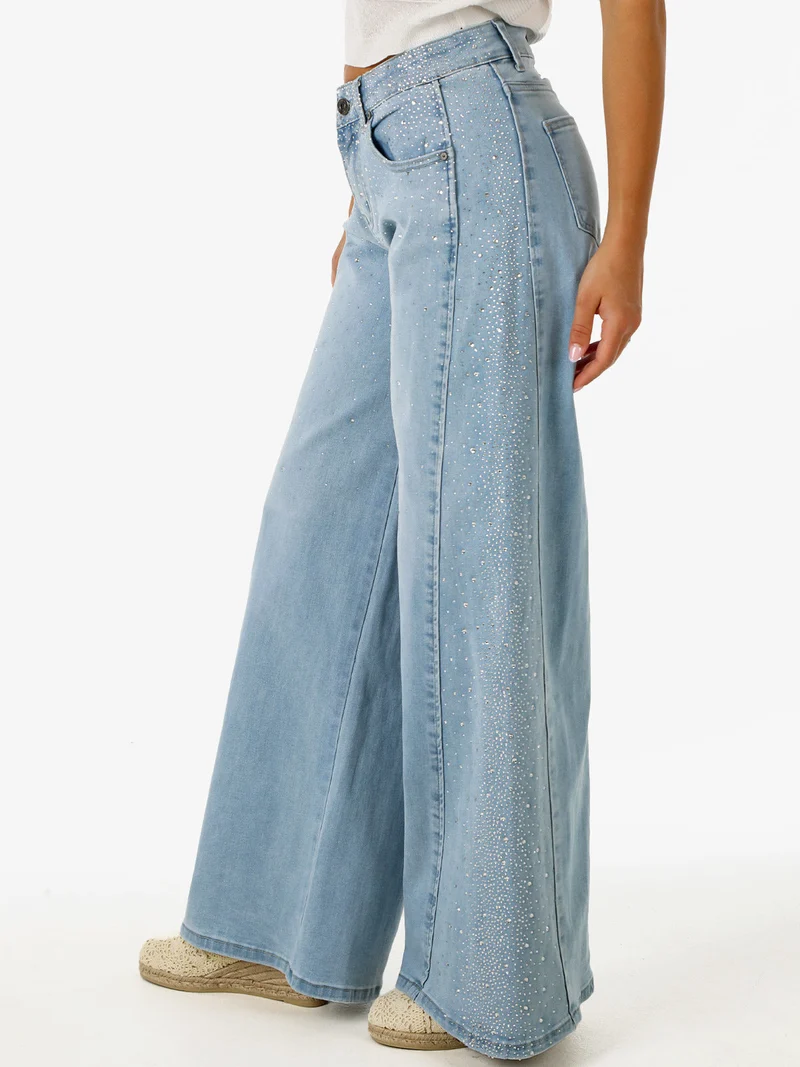 Jeans donna wide leg con strass - jeans
