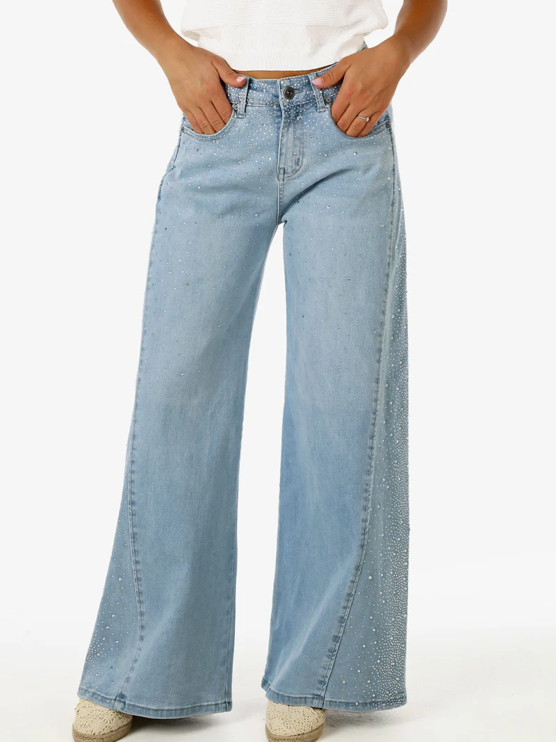 Jeans donna wide leg con strass - jeans