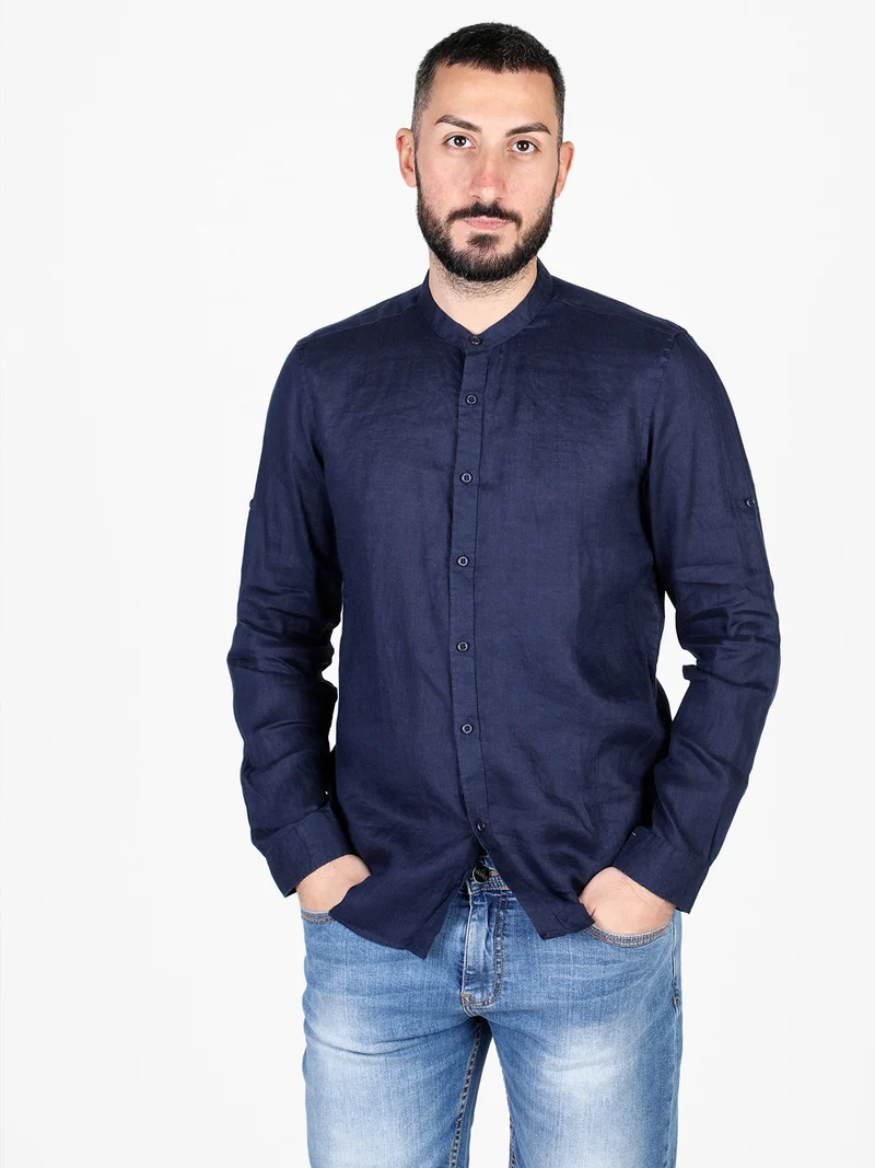 Camicia in lino da uomo a maniche lunghe - blu scuro