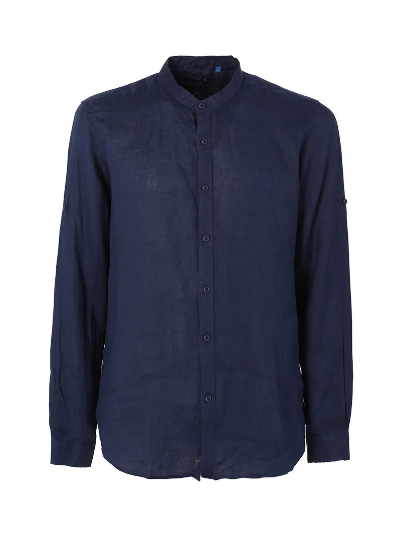 Camicia in lino da uomo a maniche lunghe - blu scuro