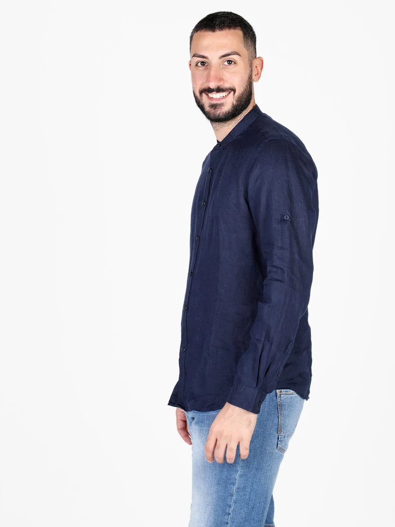 Camicia in lino da uomo a maniche lunghe - blu scuro