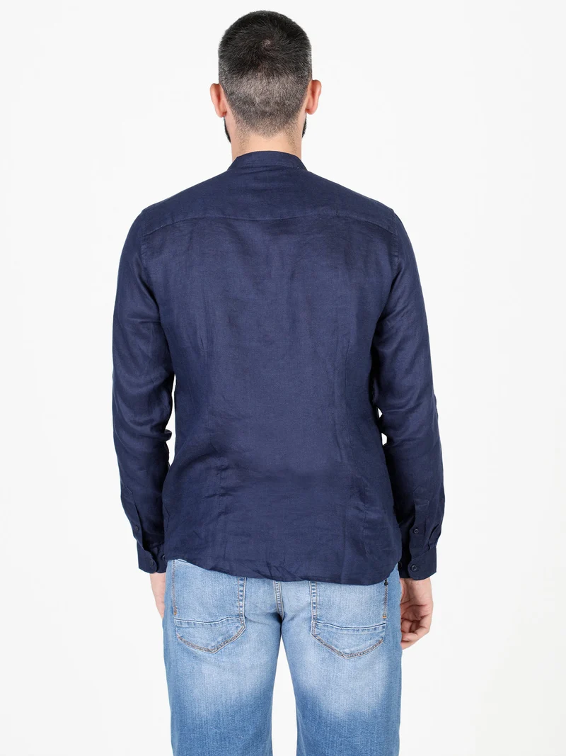 Camicia in lino da uomo a maniche lunghe - blu scuro