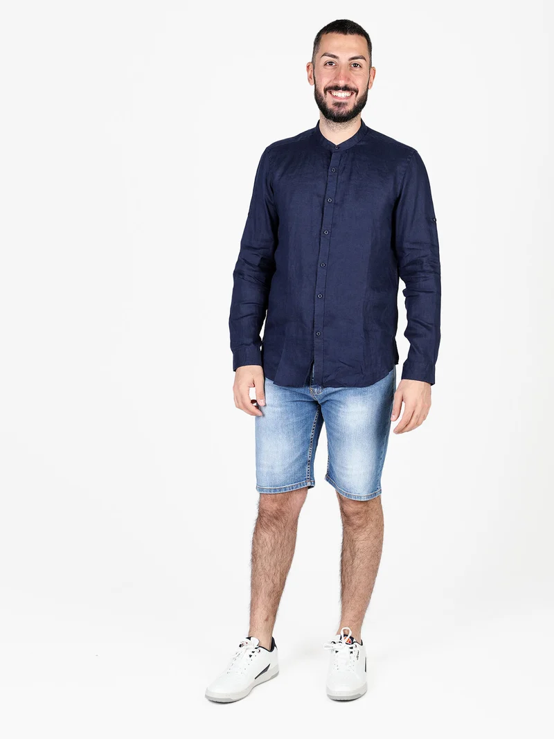 Camicia in lino da uomo a maniche lunghe - blu scuro