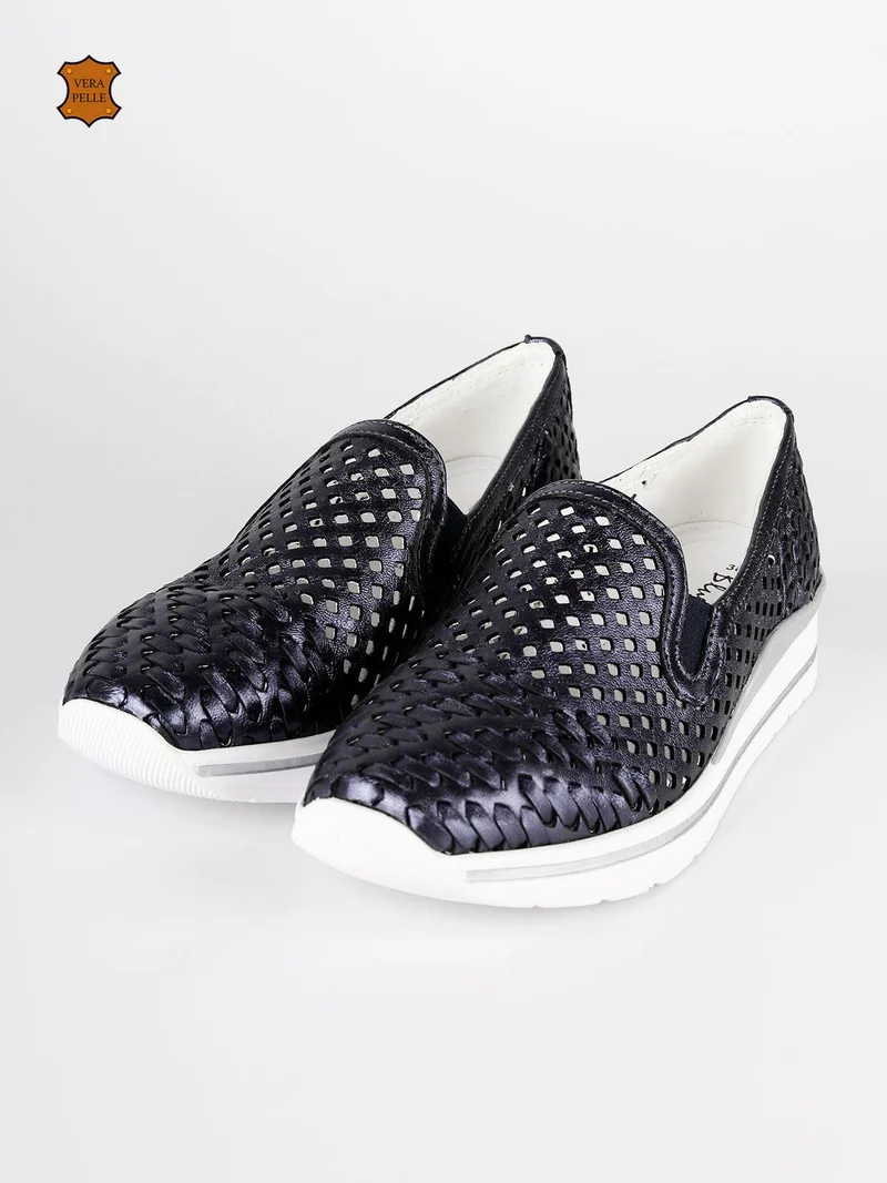 Sneakers donna slip on in pelle - blu