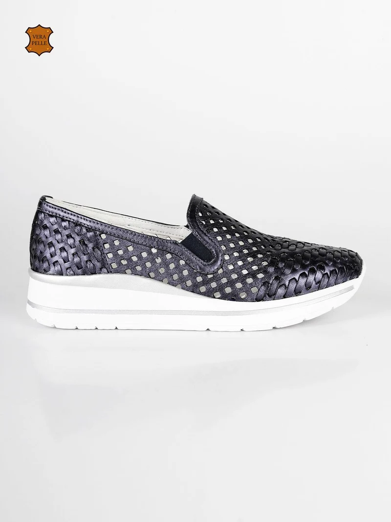 Sneakers donna slip on in pelle - blu