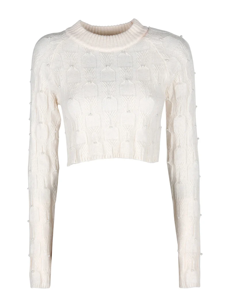 Maglione cropped da donna con perle - panna