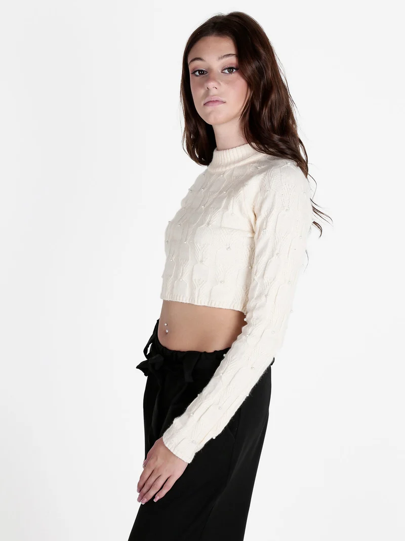 Maglione cropped da donna con perle - panna