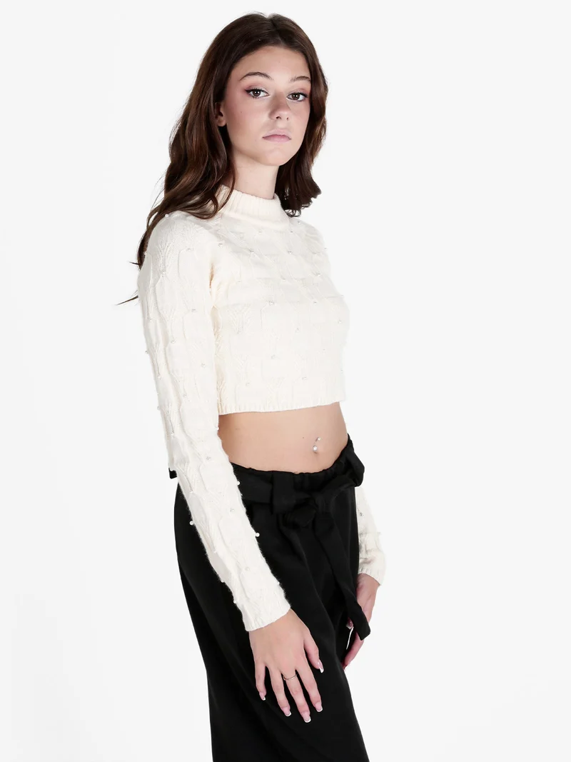 Maglione cropped da donna con perle - panna