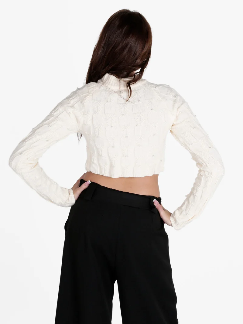 Maglione cropped da donna con perle - panna