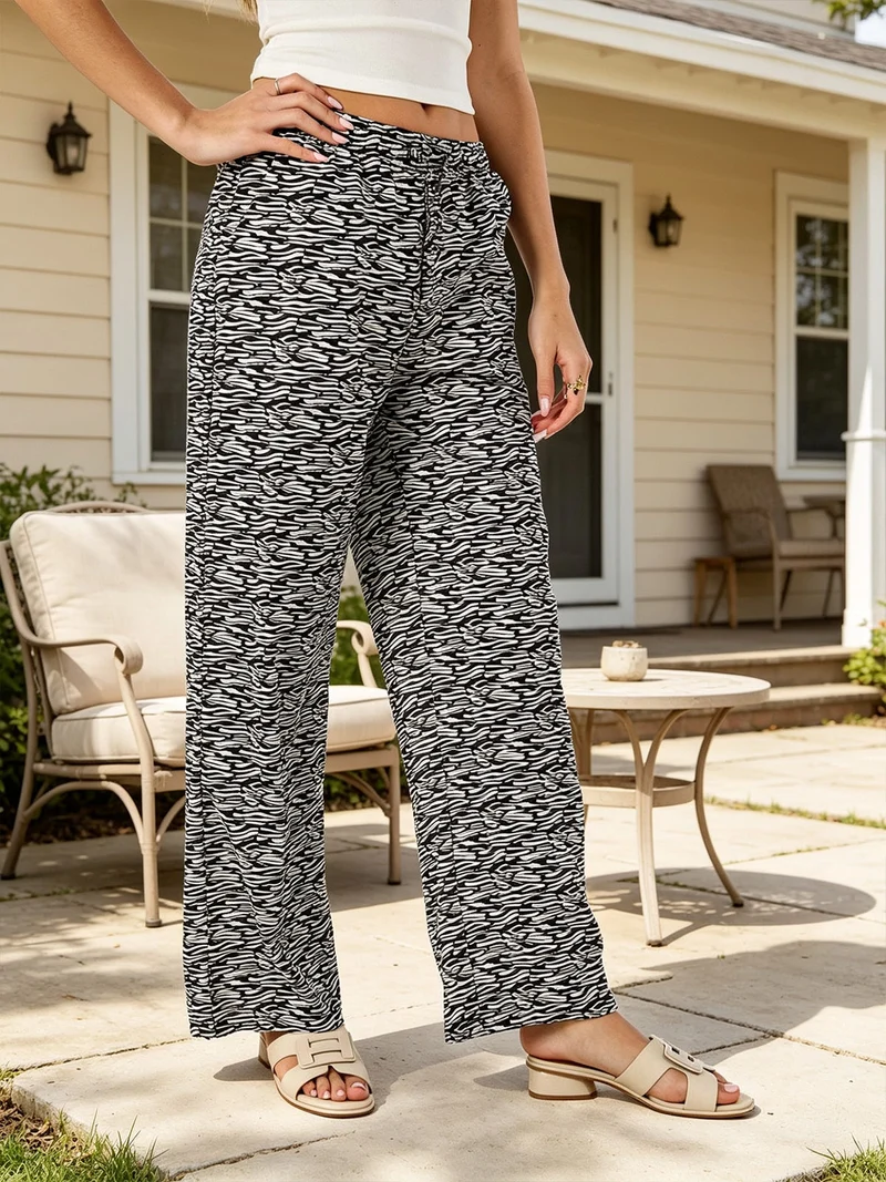 Pantaloni donna in cotone a gamba larga zebrati con coulisse - nero