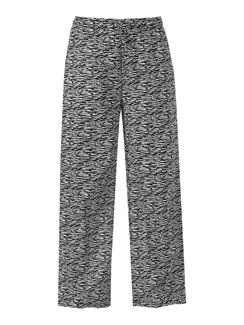 Pantaloni donna in cotone a gamba larga zebrati con coulisse - nero