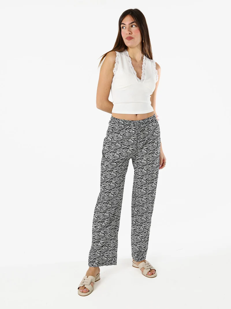 Pantaloni donna in cotone a gamba larga zebrati con coulisse - nero