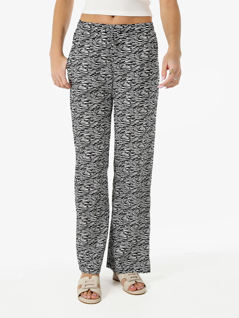Pantaloni donna in cotone a gamba larga zebrati con coulisse - nero